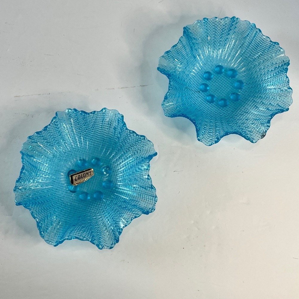Vintage Colony Blue Glass Ruffled Waffle Bowls Set of 2 Made in Italy Aqua MCM